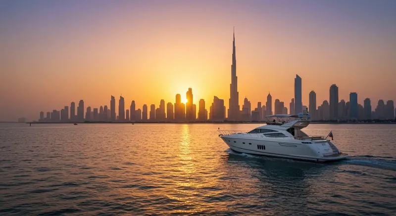 Yate frente al skyline de Dubái al atardecer
